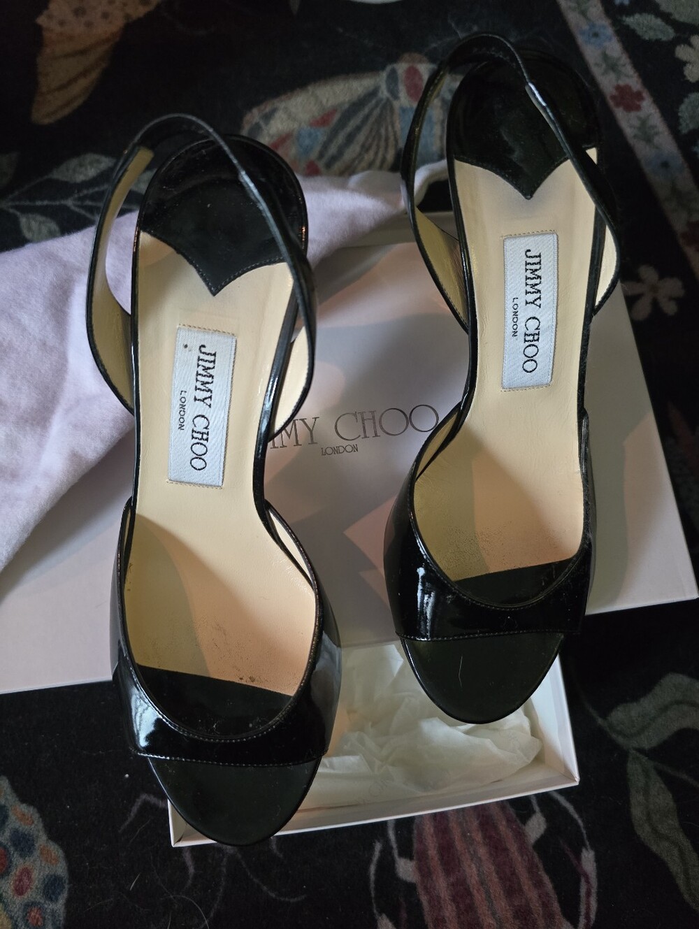 Jimmy Choo Black Patent Leather Mid-Heel Sandals